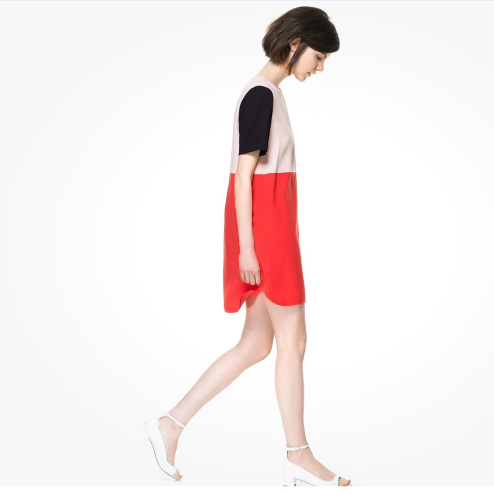 Zara Colorblock Shift Mini Dress Small Blush Pink Red Black Mod Short Sleeve - Picture 13 of 16